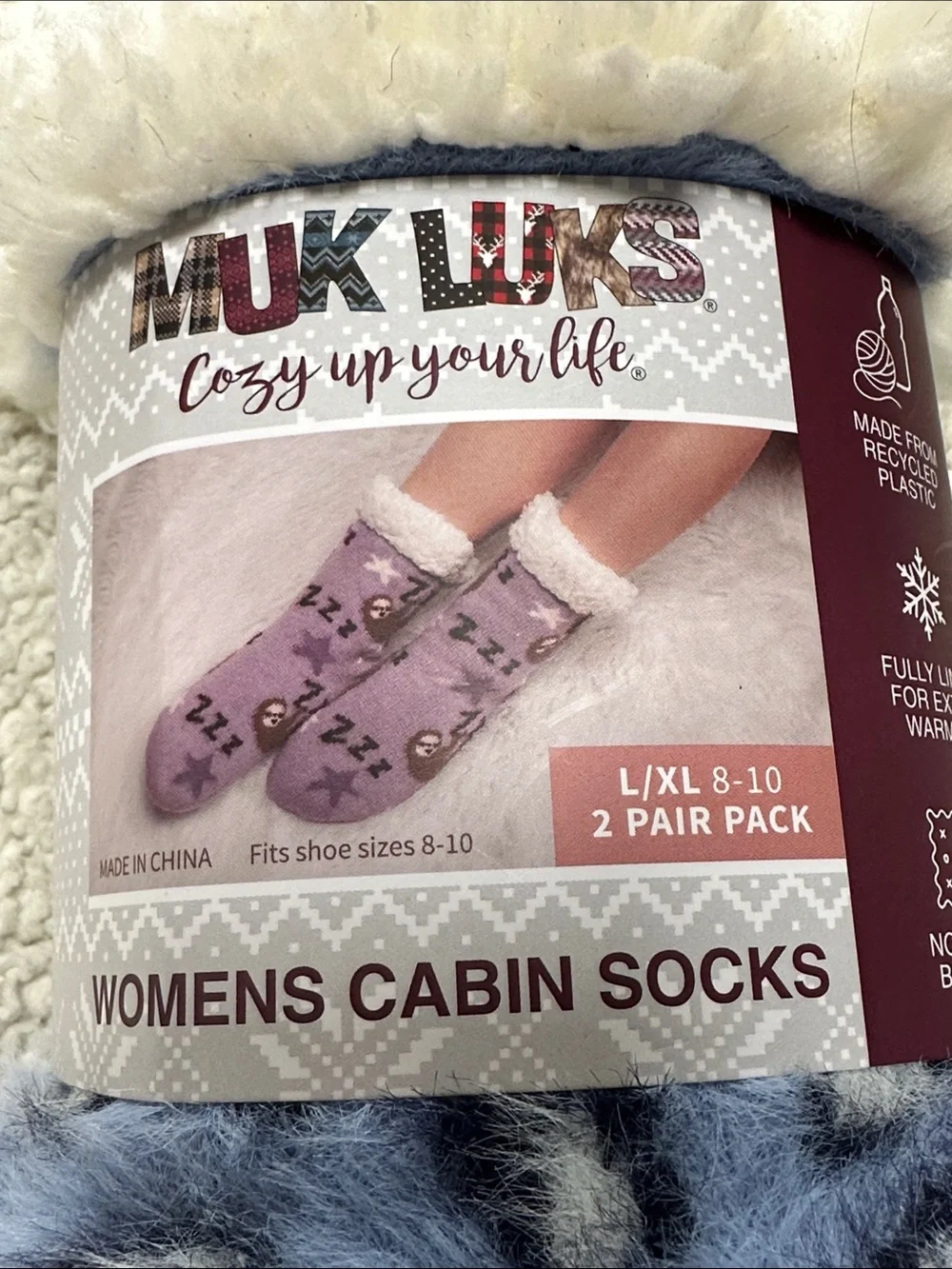 Muk Luks Women's Cabin Socks, 2-Pack  Blue & White,No Skid, Fully Lined L/XL NWT